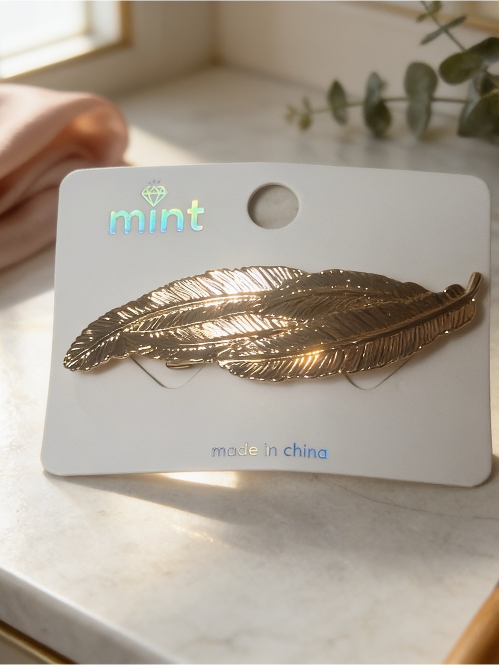 Mint Gold Double Feather Hair Clip